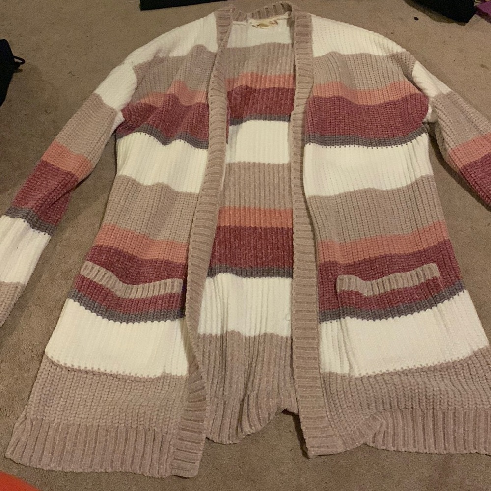 Velvet Striped Cardigan. Mauve, Raspberry, Tan, White in color. Von Maur.